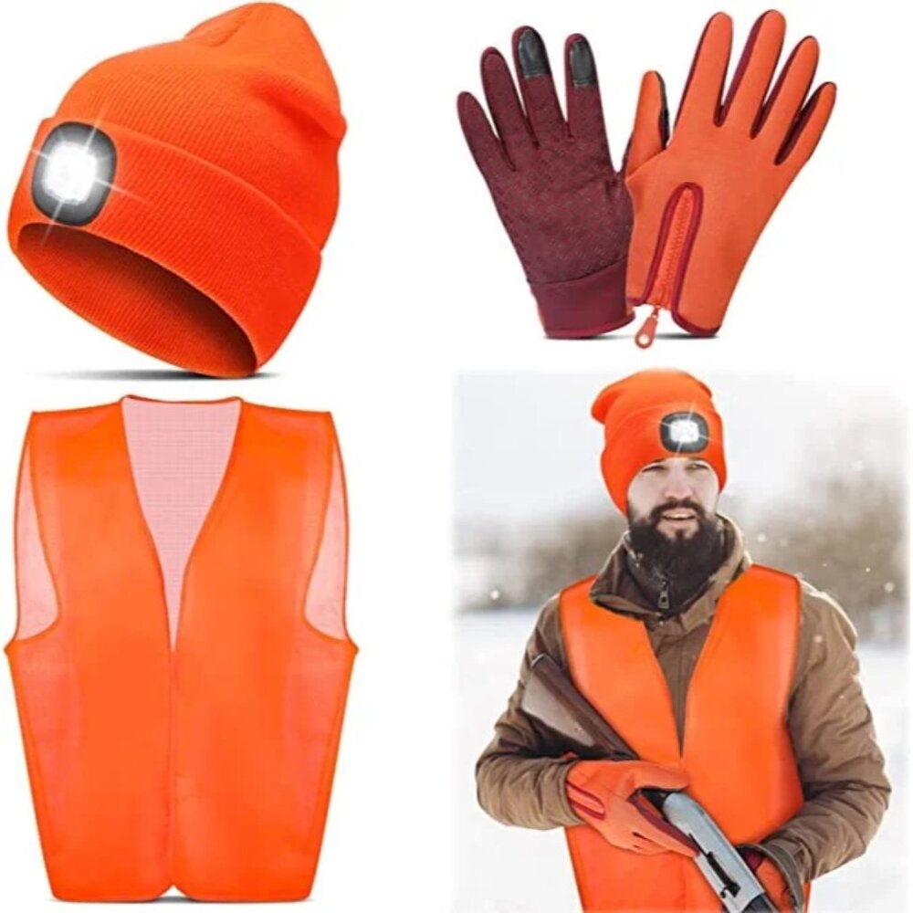 3 Pcs Hunting Set Blaze Orange Vest Touchscreen Gloves & LED Hat Safety Biking